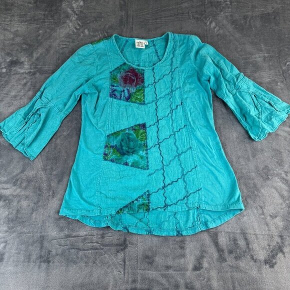 Parsley and Sage Tops - Parsley & Sage Women Top Medium Blue Shirt Roses Floral Embroidered Bell Sleeve